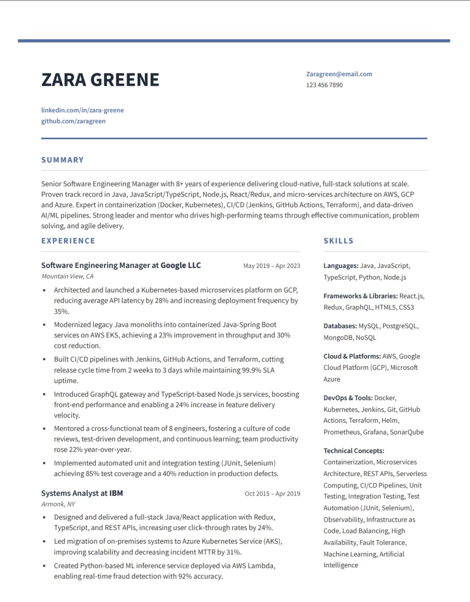 Resume rendered with the Analyst's Ledger template