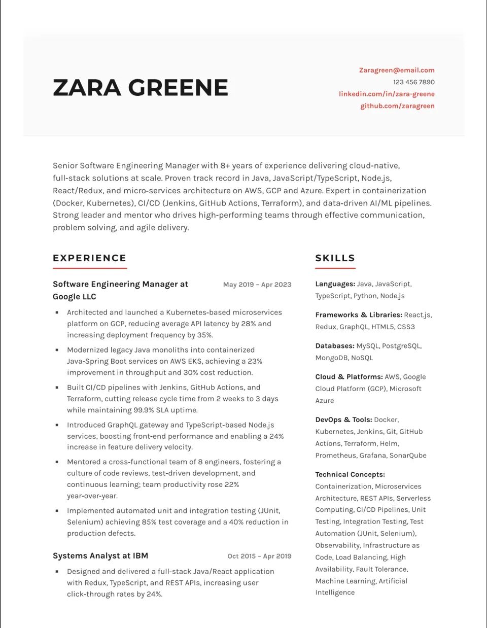 Resume rendered with the Creator's Canvas template