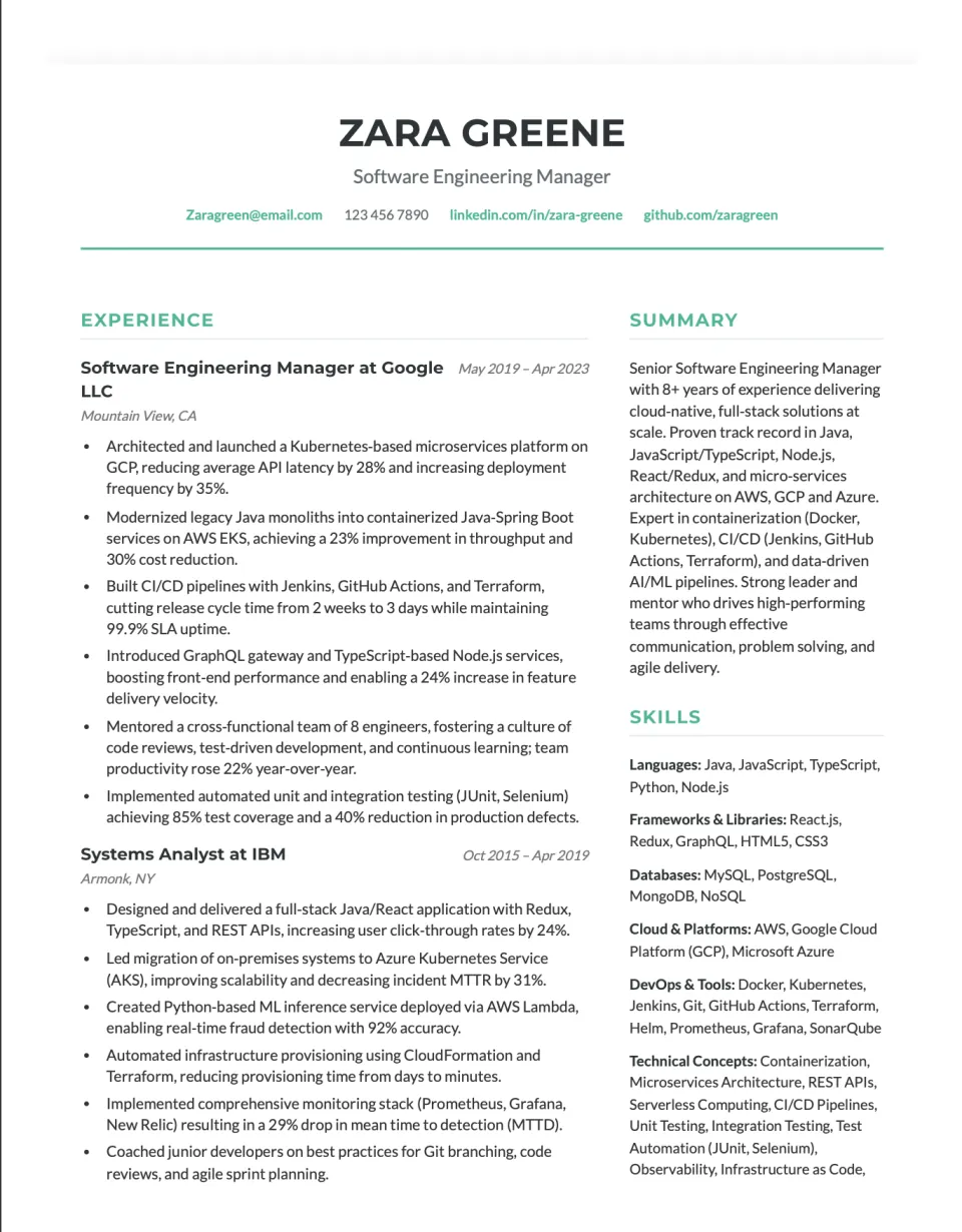 Resume rendered with the Grety Skyler template