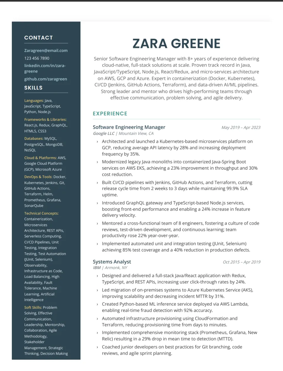 Resume rendered with the Quantum Tech template