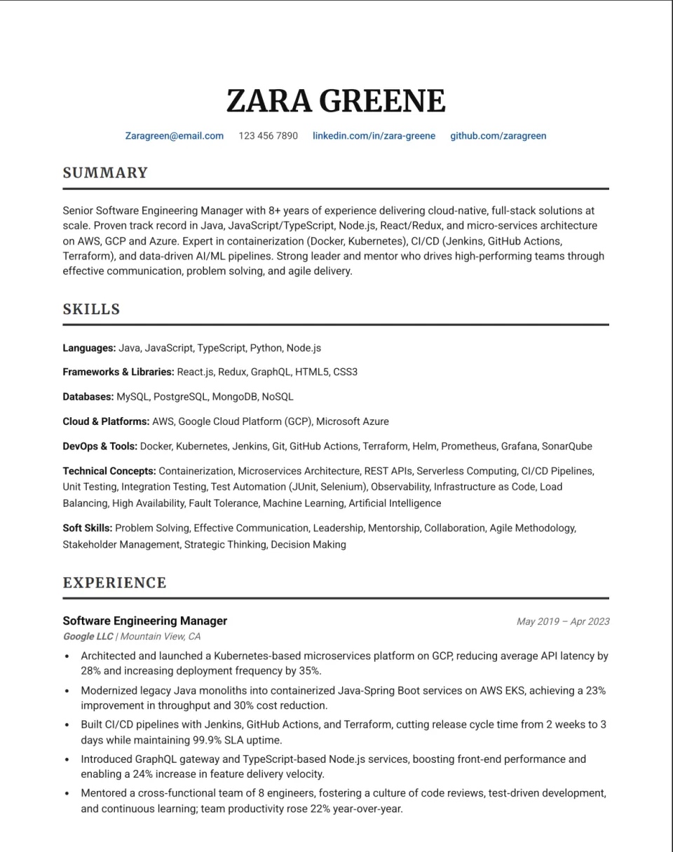 Resume rendered with the Skyline Professional template
